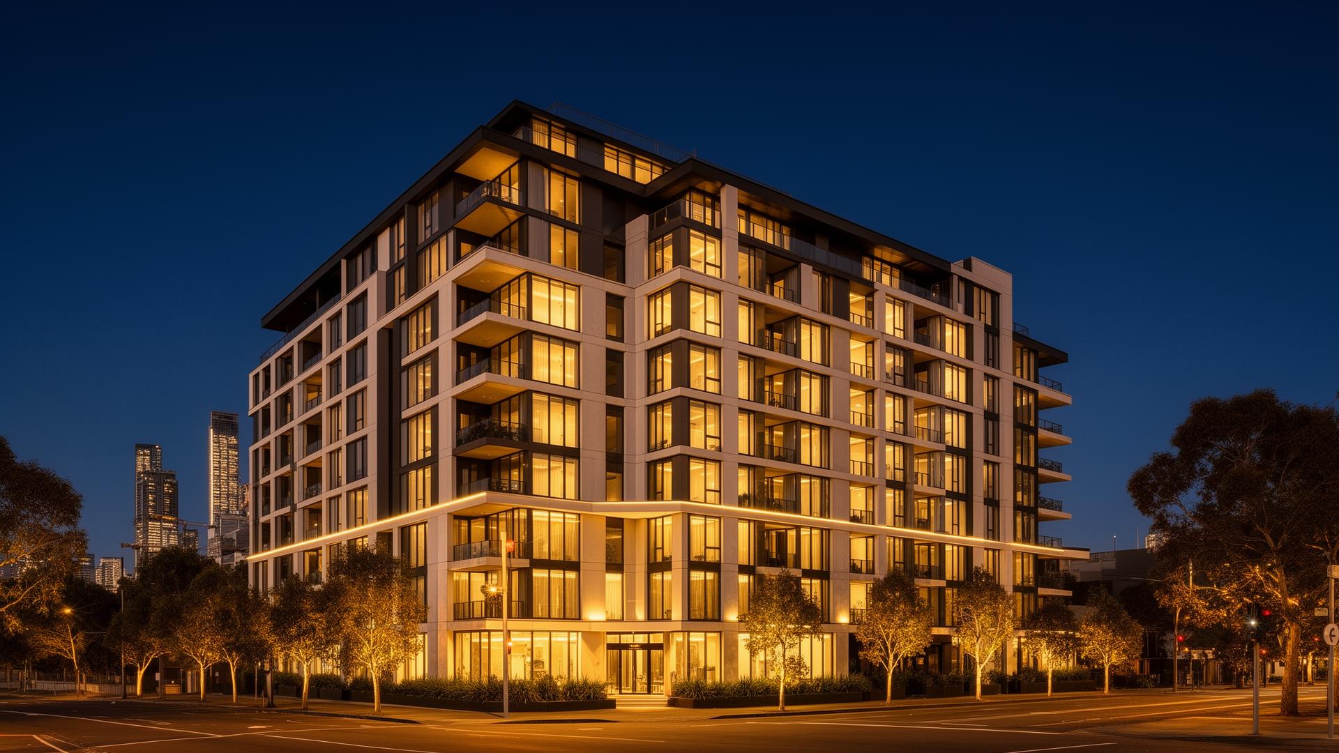 Modern Melbourne apartment building at dusk